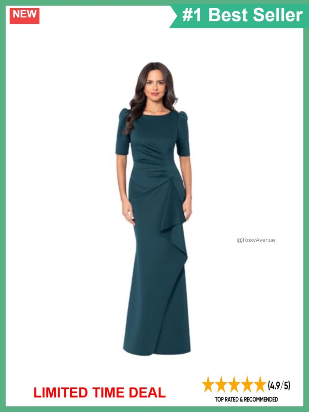 Long Boat Neck Bodycon Evening Gown 3/4 Sleeve Ruffle Formal Dress